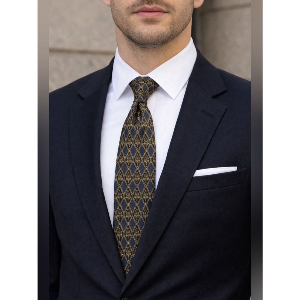 Valentino Cravatte Silk Tie Blue Gold Diamond Medallion Made in Italy